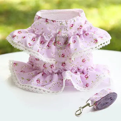 Lace Floral Dog Cat Harness Leash Set For Small Dogs Dress Cute Adjustable Pet Harness Vest Breathable Mesh Running Walking Lead