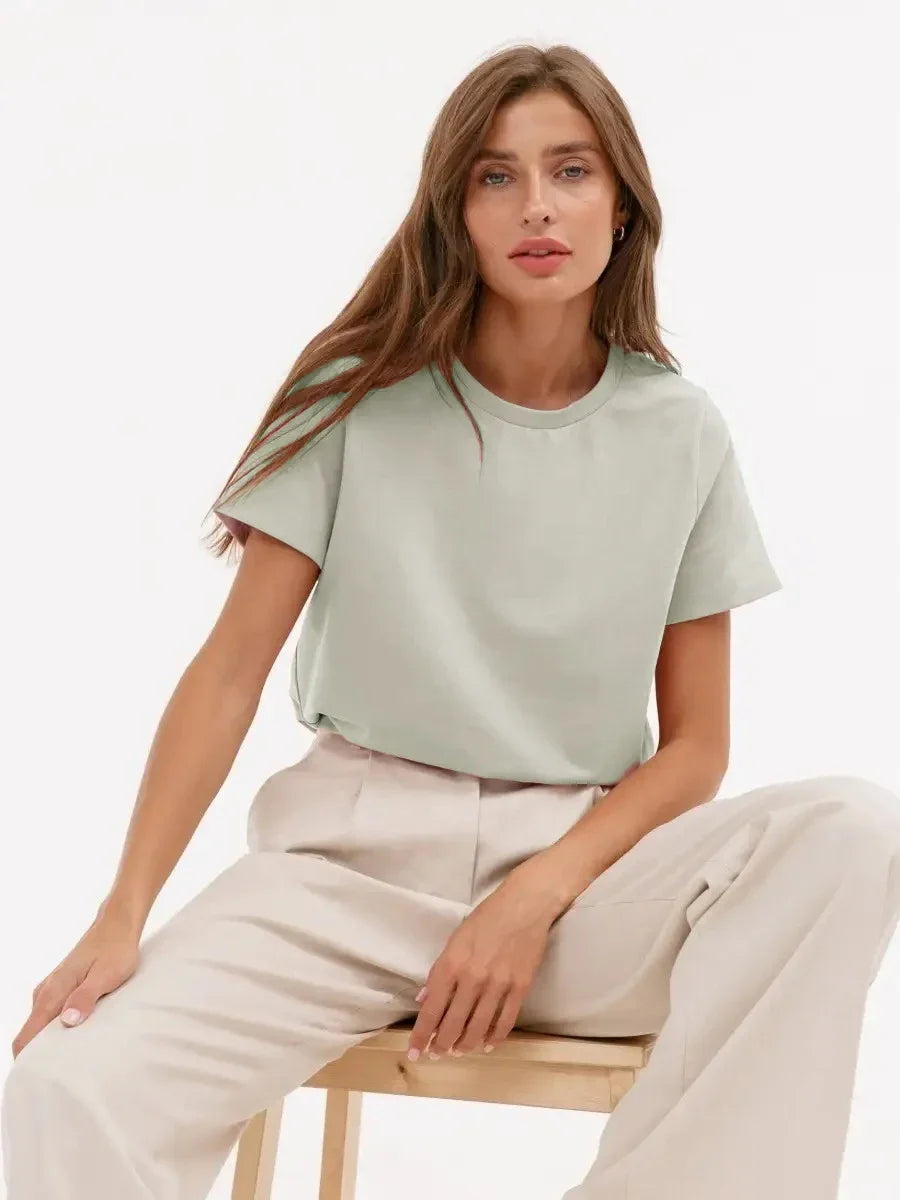 Cotton Womens T-Shirt - Summer Short Sleeve Loose Basic Top - ZOOMNSTORE
