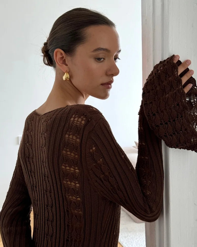Deep V Neck Long Cardigan Dress - Elegant Hollow Knit Cover Up for Women