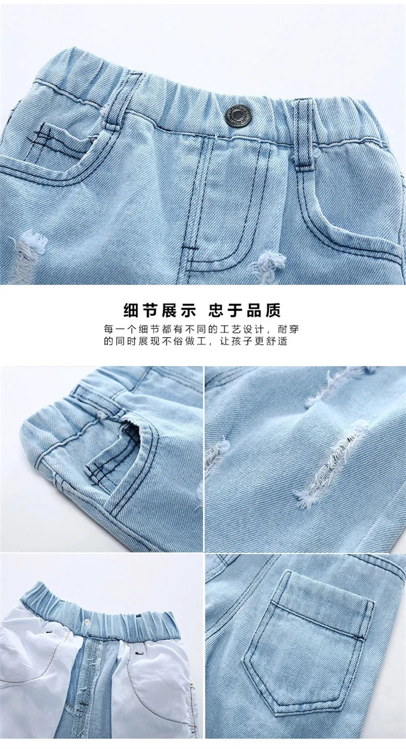 Kids Denim Boy Shorts - Casual Torn Jeans Knee Length Elastic Waist Fashion Trousers 2-8Y