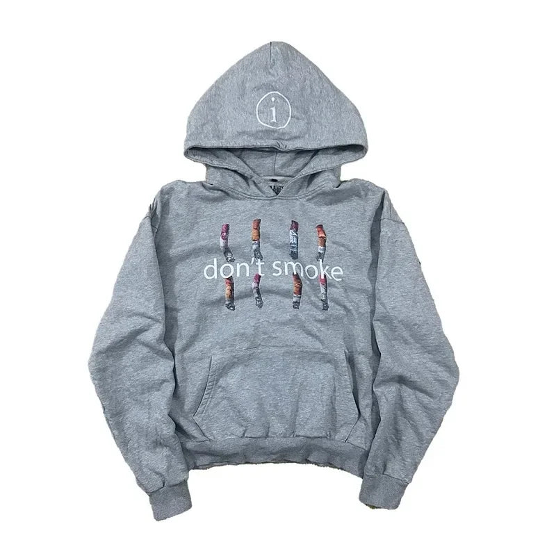 Y2K Gray Sports Hoodie Retro Smoke Print Sweater Men Women New Fashion Vintage Classic Hip Hop Streetwear Clothing Loose Jacket