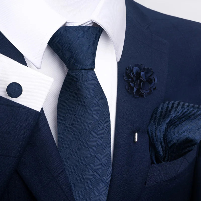 Luxury Mens Floral Black Gold Tie Set - Paisley Necktie Pocket Square Cufflinks Brooch for Weddings and Parties