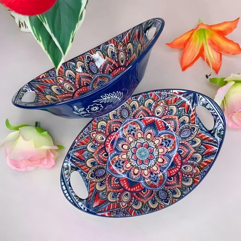 Bohemian Ceramic Salad Bowl Set - Microwave Safe Stackable Oval Plates with Handle 2PCS
