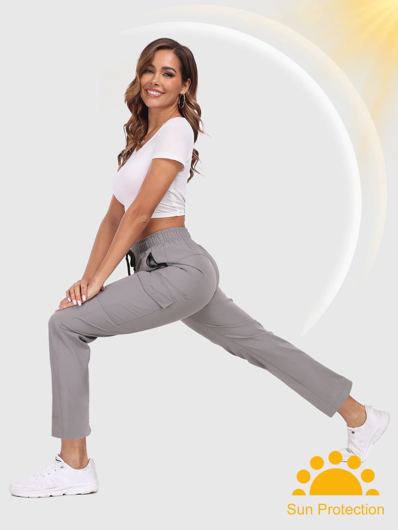 Hiking Pants for Women UPF 50+ Cargo Quick Dry Water Resistant Elastic Waist Zip Pockets Travel Work Lightweight Running
