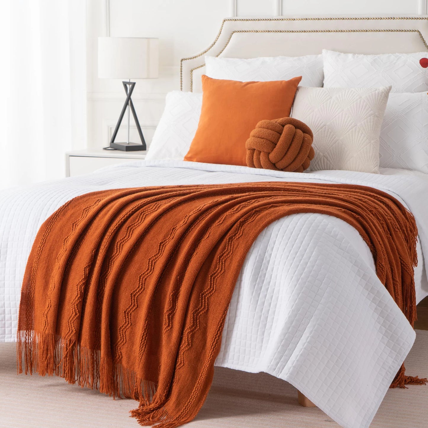 Caramel Knit Throw Blanket - Lightweight Plaid Blanket for Couch and Bed
