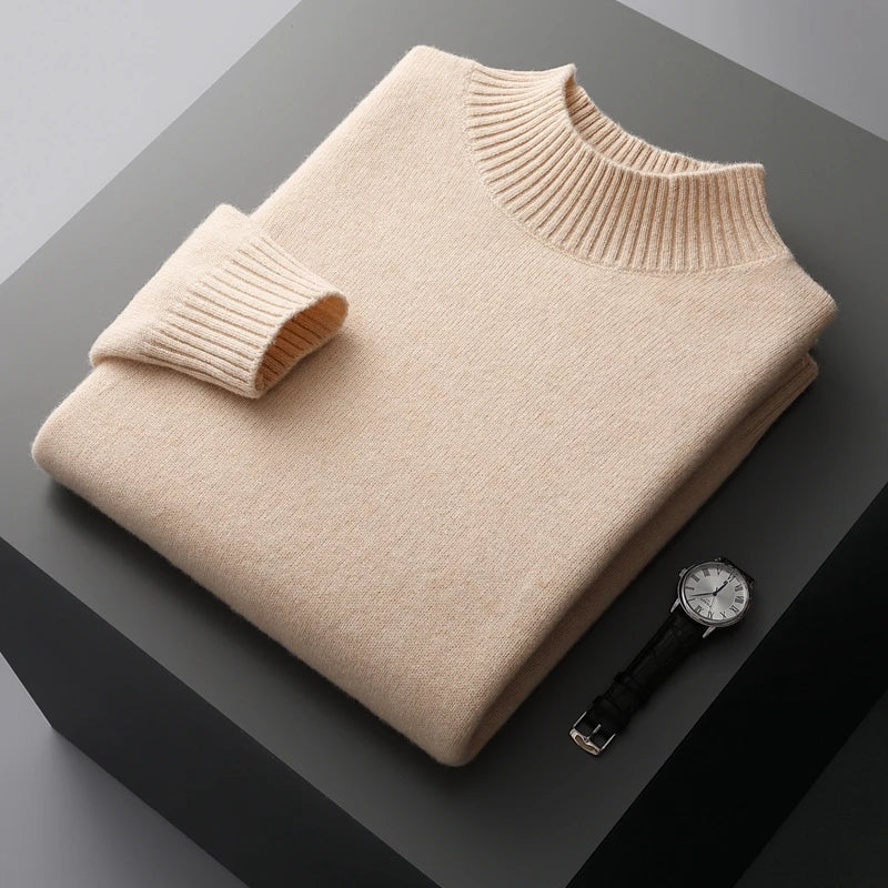 Winter Double Thick Men's Cashmere Sweater With Semi-High Neck High-End Warm Wool Knitted Bottoming Shirt