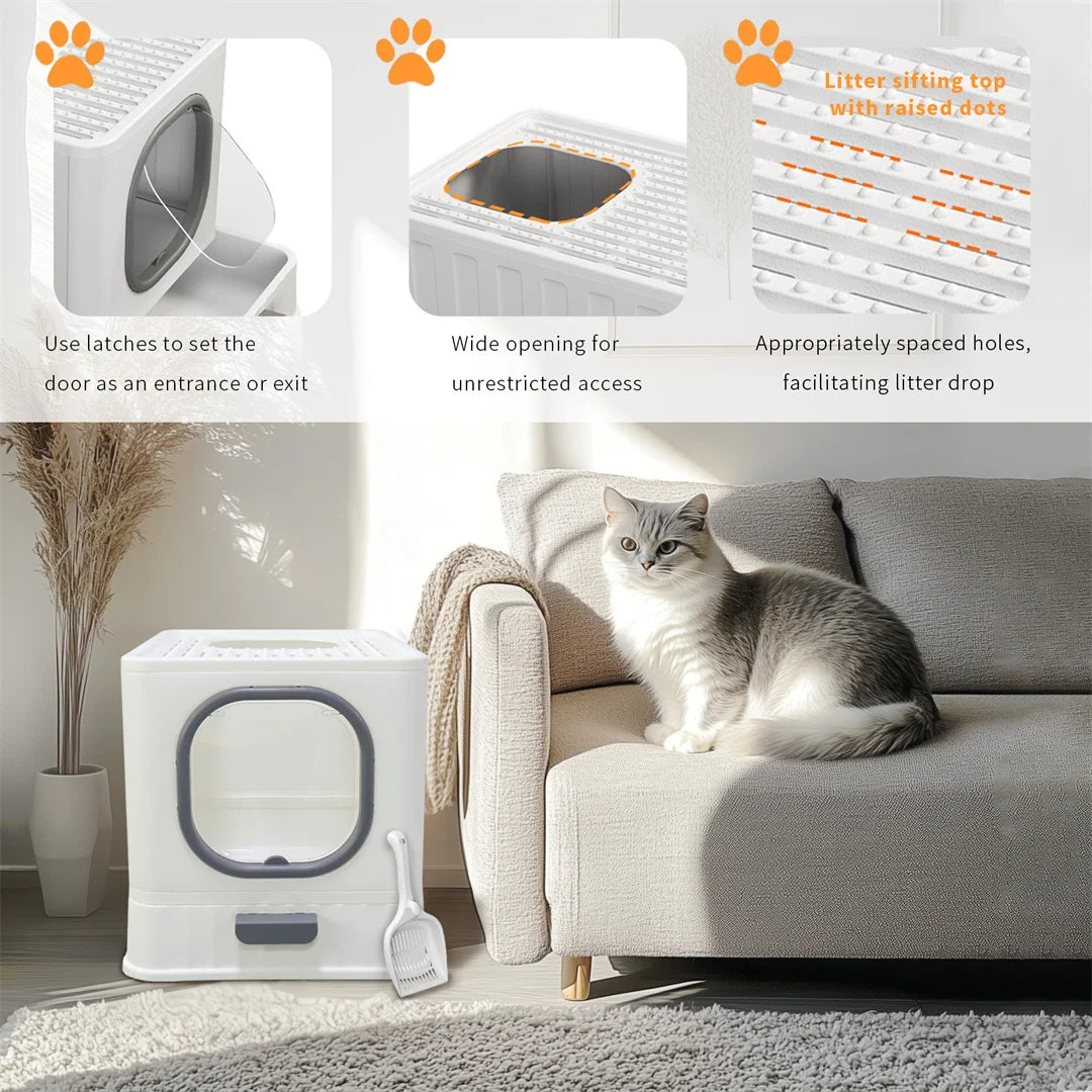 Extra Large Foldable Cat Litter Tray - Top Entry with Easy Clean Drawer and Lid - ZOOMNSTORE