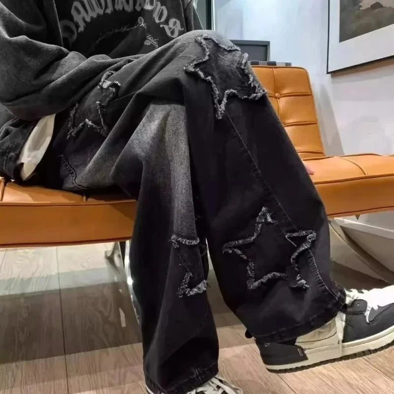 2025 New Fashion Stars Towel Embroidery Brown Men Jeans Pants Y2K Clothes Straight Hip Hop Cotton Trousers Pantalon Homme