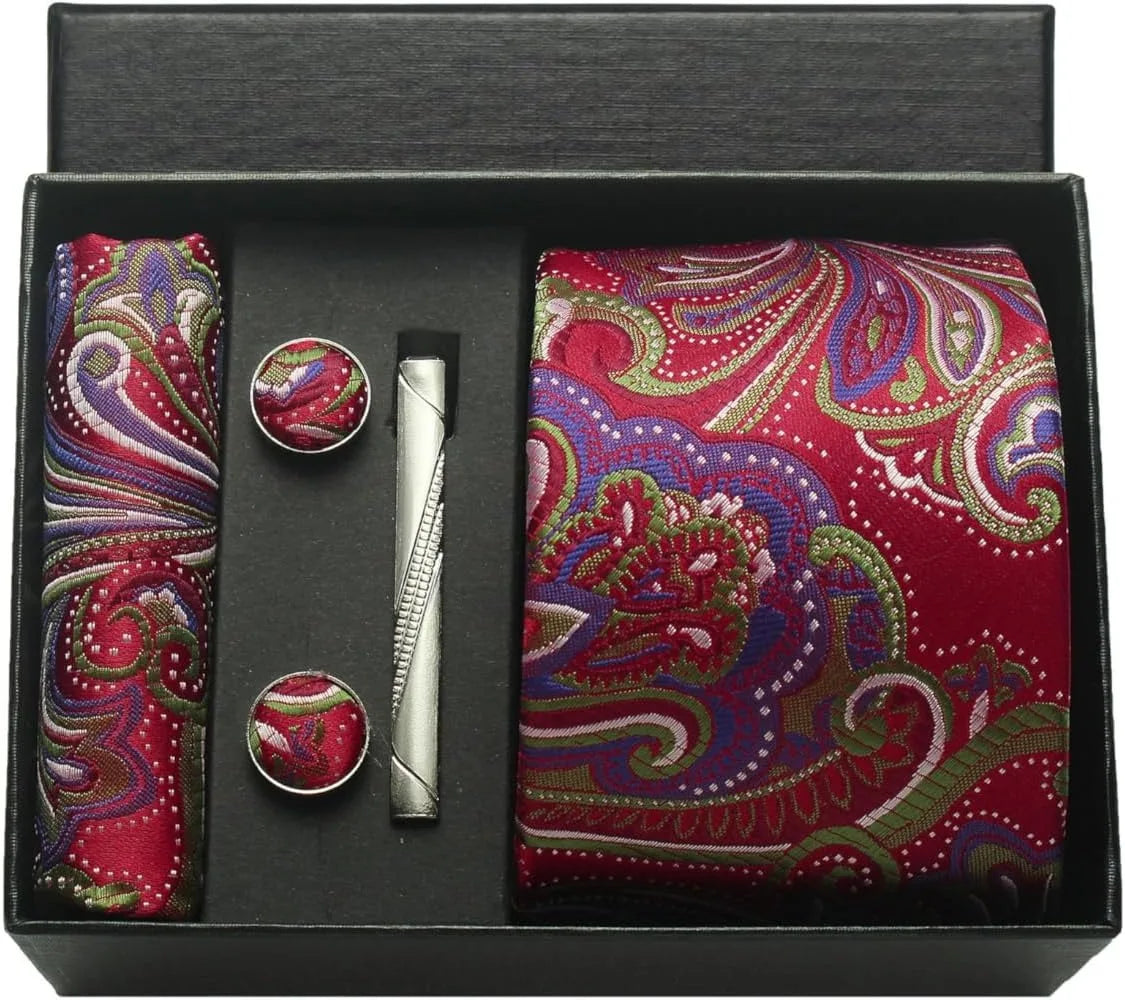 Silk Necktie Set - Paisley Floral Tie with Pocket Square Tie Clip Cufflinks for Men in Gift Box