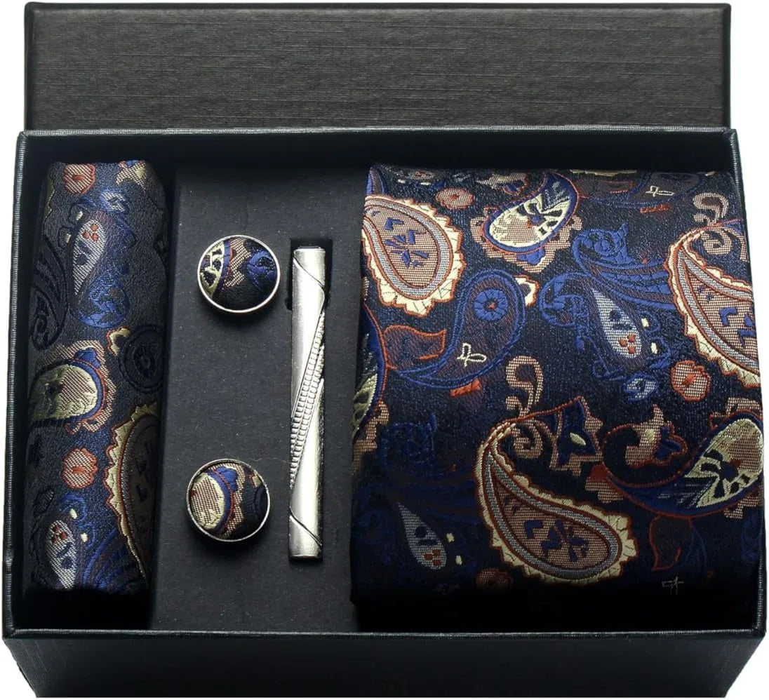 Silk Necktie Set - Paisley Floral Tie with Pocket Square Tie Clip Cufflinks for Men in Gift Box