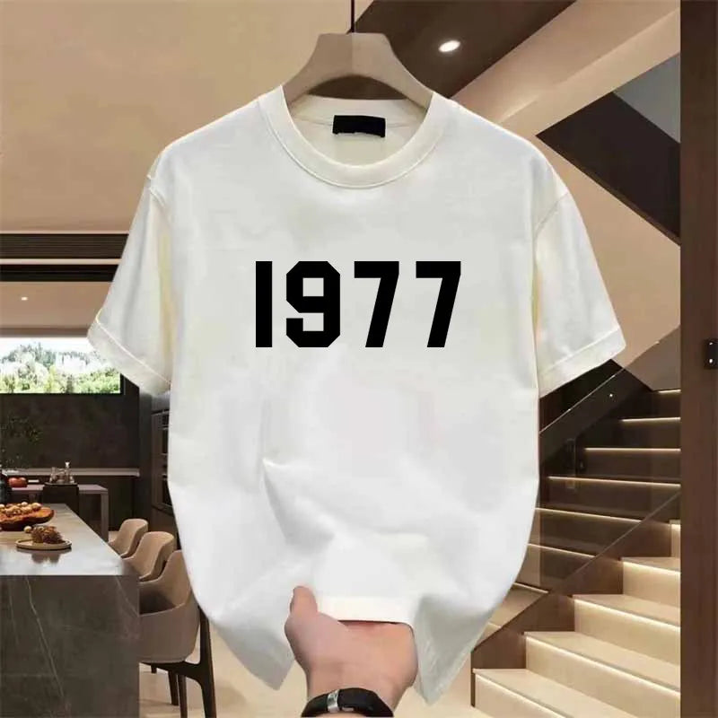Retro Digital 1977 Pure Cotton Printed Fashionable Men's and Women's T-shirt New Casual Loose Round Neck Short Sleeved Shirt