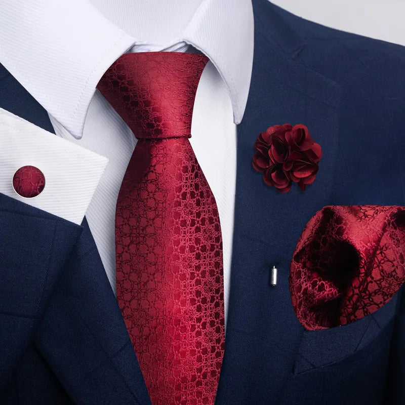 Luxury Mens Floral Black Gold Tie Set - Paisley Necktie Pocket Square Cufflinks Brooch for Weddings and Parties