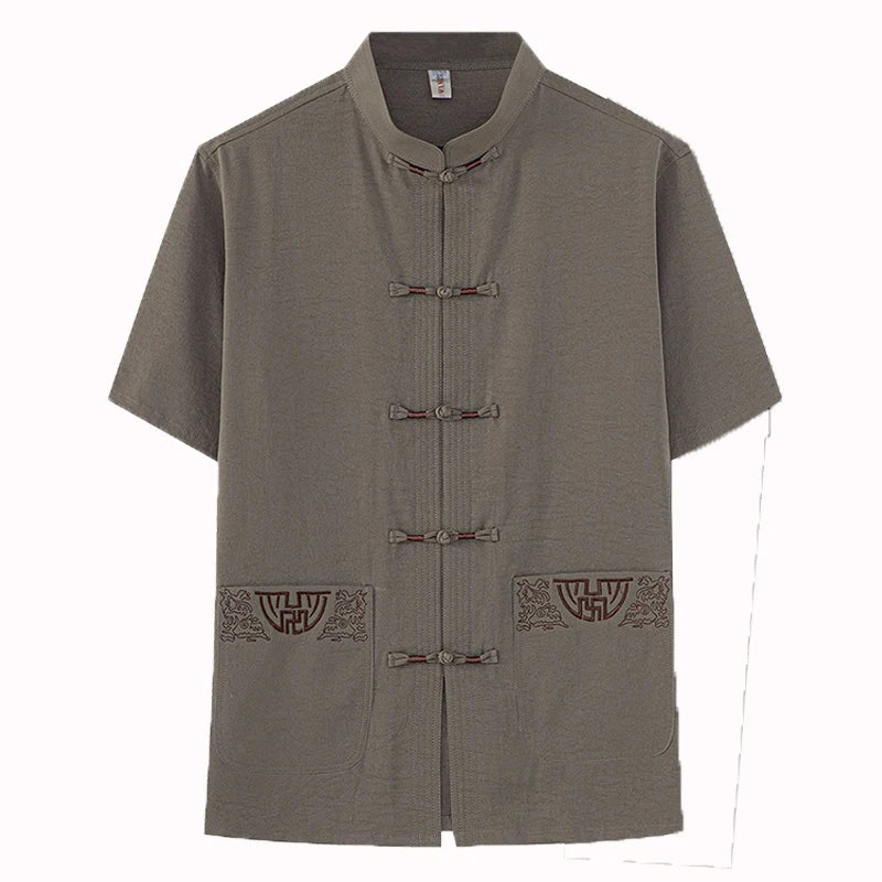 Cotton and Linen (Top + Pants) Elderly Men Gold Silk Pan Buckle Pocket Embroidered Tang Dress Han Dress Lay Tai Chi Suit Set
