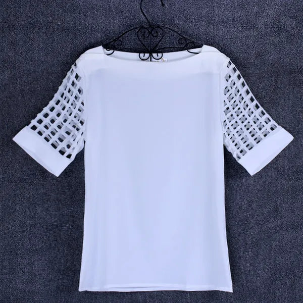 Summer Fashion Women Blouses & Shirts Hollow Out Sleeve Slash Neck Chiffon Blouse Plus Size