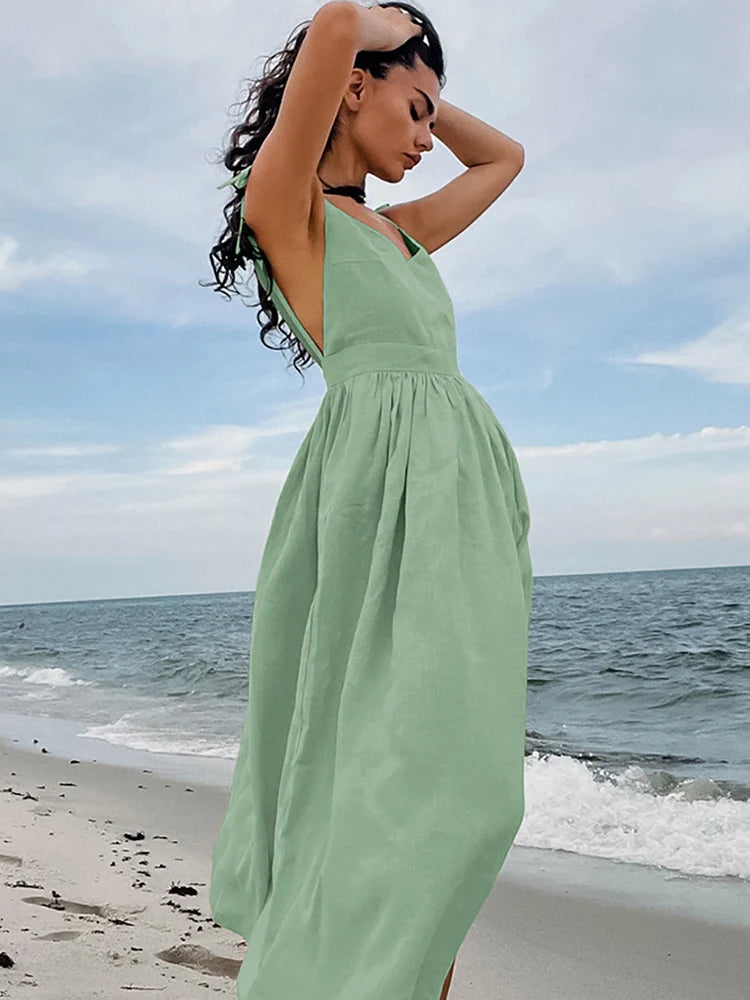 Aynaray 2024 Spring Summer Women Holiday Solid Backless Dress V-neck Spaghetti A-Line Flare Midi Dress For Women