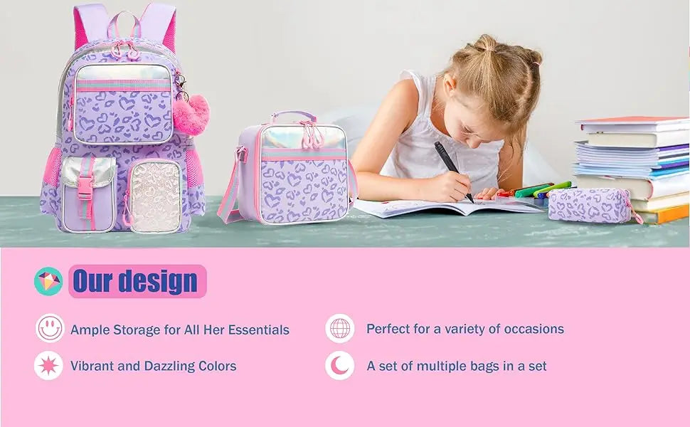 Aesthetic Girls Backpack with Lunchbox Penbag - Elementary School Bookbag - ZOOMNSTORE