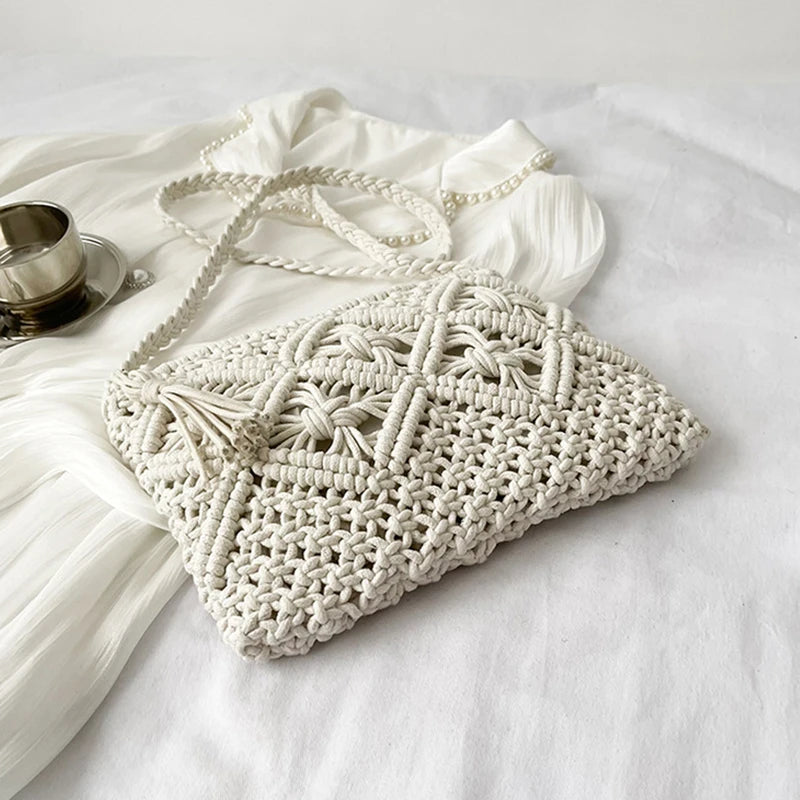 Handmade Cotton Crossbody Bag - Vintage Tassel Shoulder Messenger for Women Summer Beach Handbag 2023
