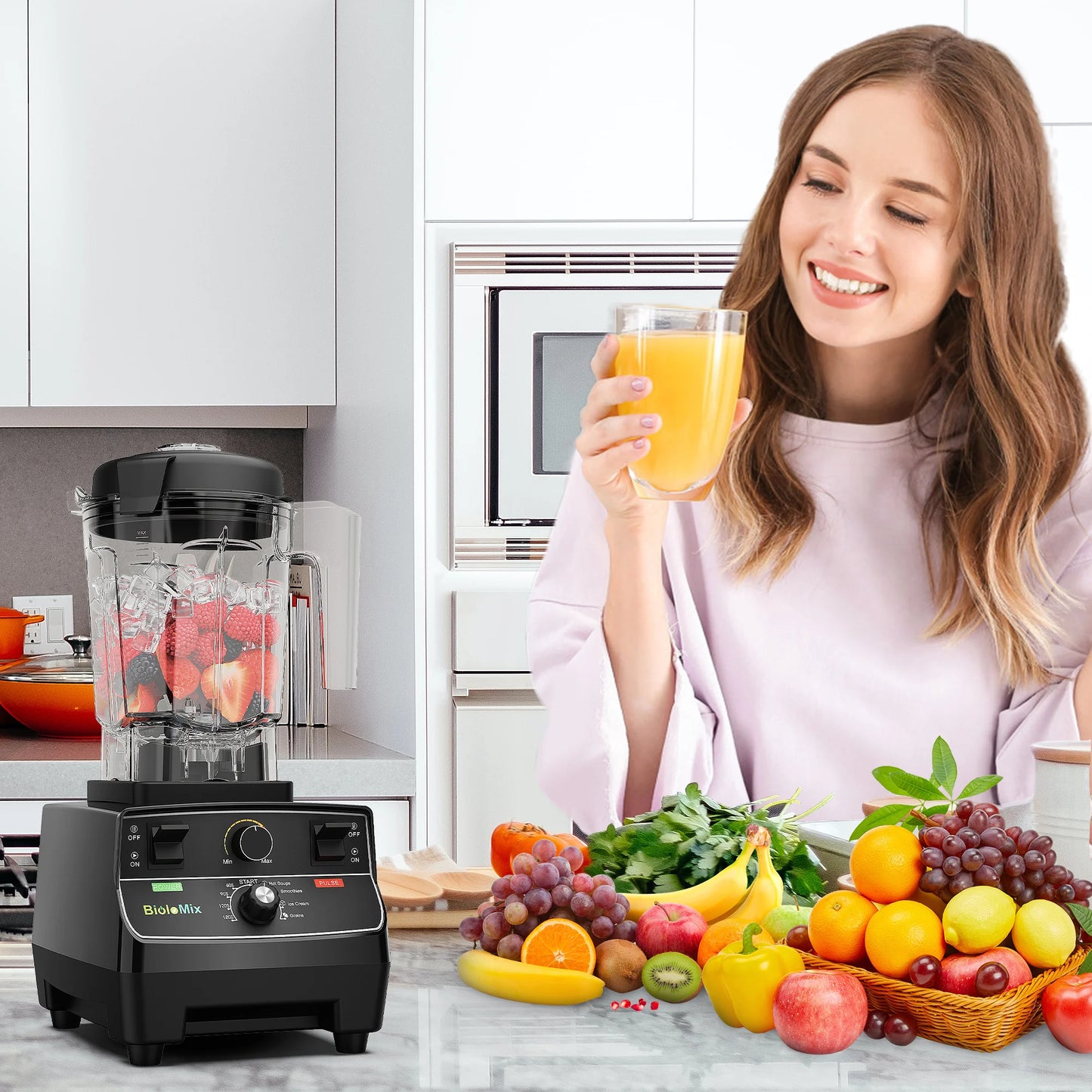 BioloMix 2200W Professional Blender - Smart Timer 2L Jar Mixer Juicer Ice Crusher