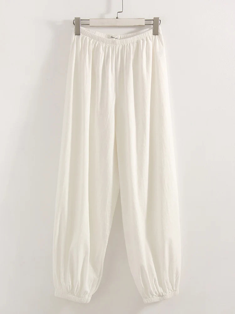 Wide Leg Red Pants For Women Cotton Long Bloomers White Autumn Elastic Waist Lantern Trousers Women Straight Practice Pants Lady