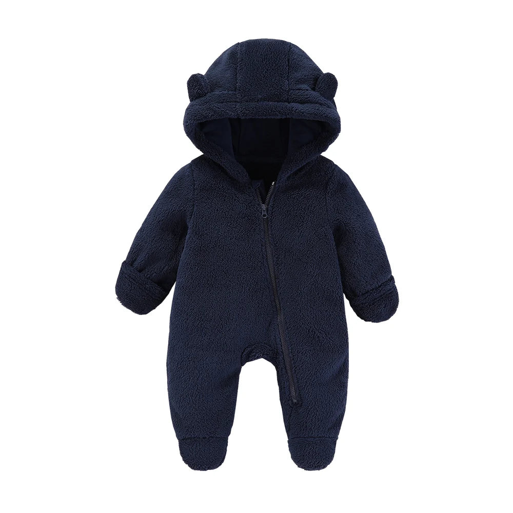 Baby Flannel Rompers - Soft Hooded Infant Jumpsuit With Cartoon Print, Warm Winter Wear