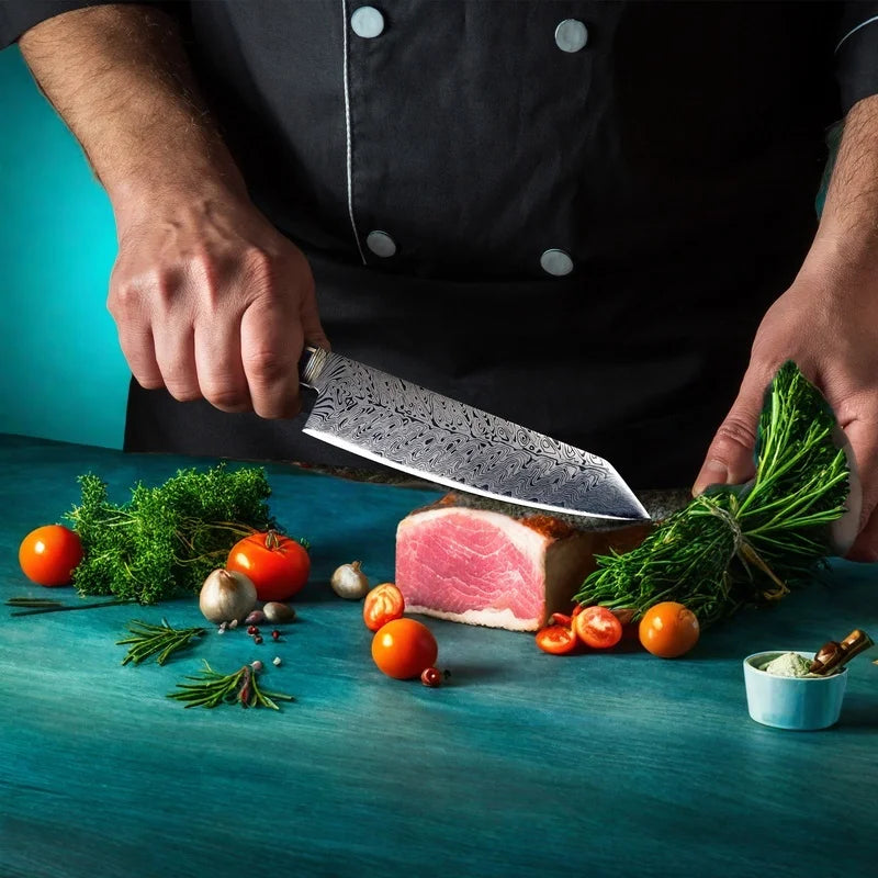 Damascus Chef Knife - Japanese Santoku Slicing Knife with Solid Wood Handle