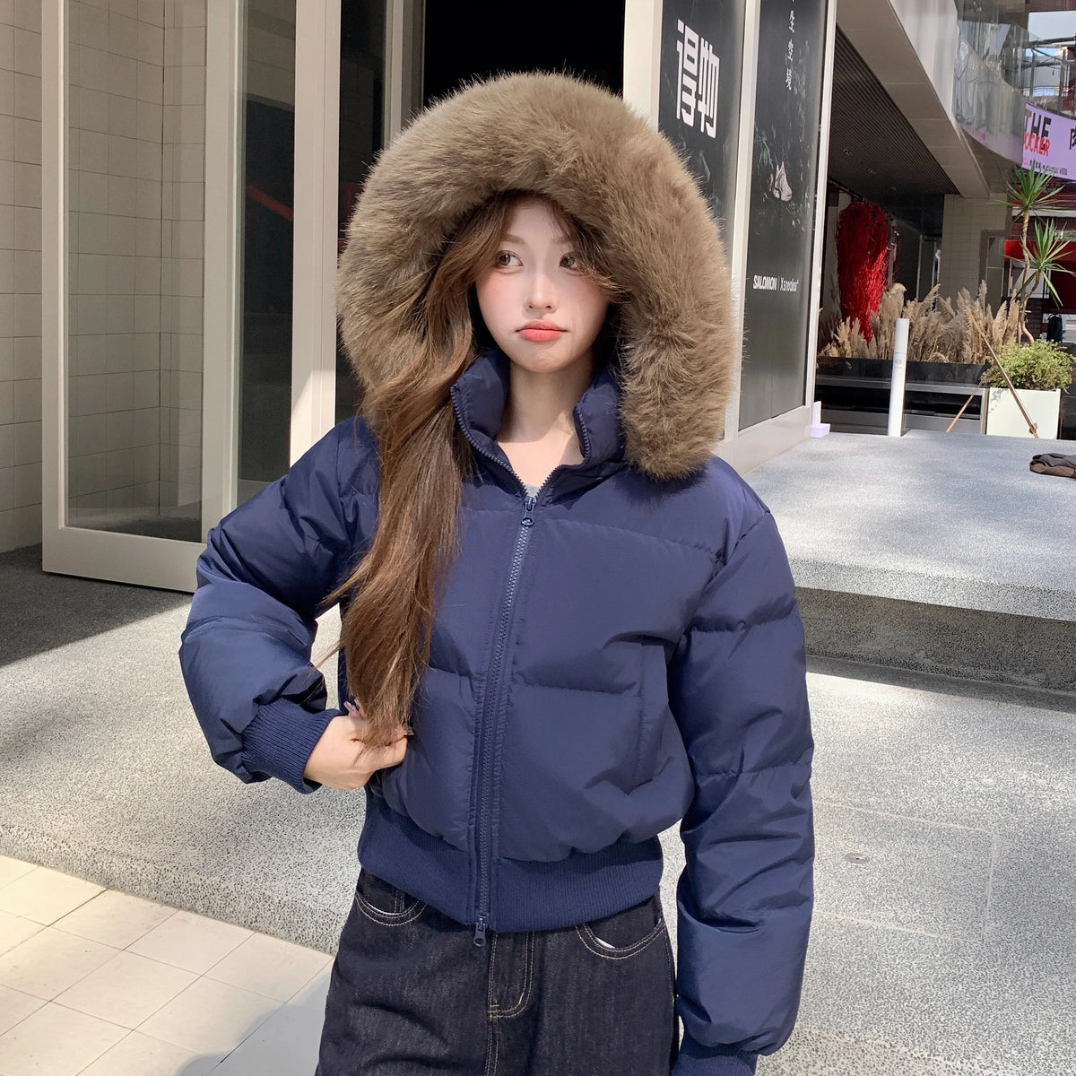 Hooded Puffer Jacket Women Winter Thick Warm Short Coat With Fur Collar Cinched Waist Plush Casual Sweet Streetwear Outerwear
