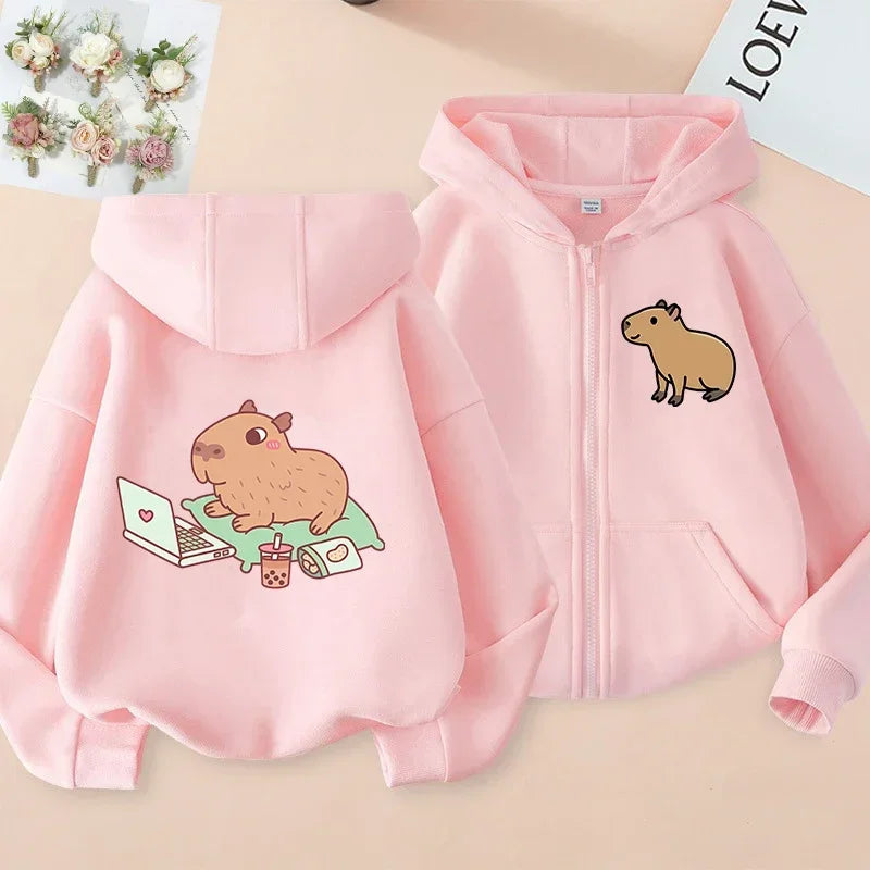 Kawaii Capybara Zip Up Hoodie - Childrens Manga Sweatshirt for Kids - ZOOMNSTORE