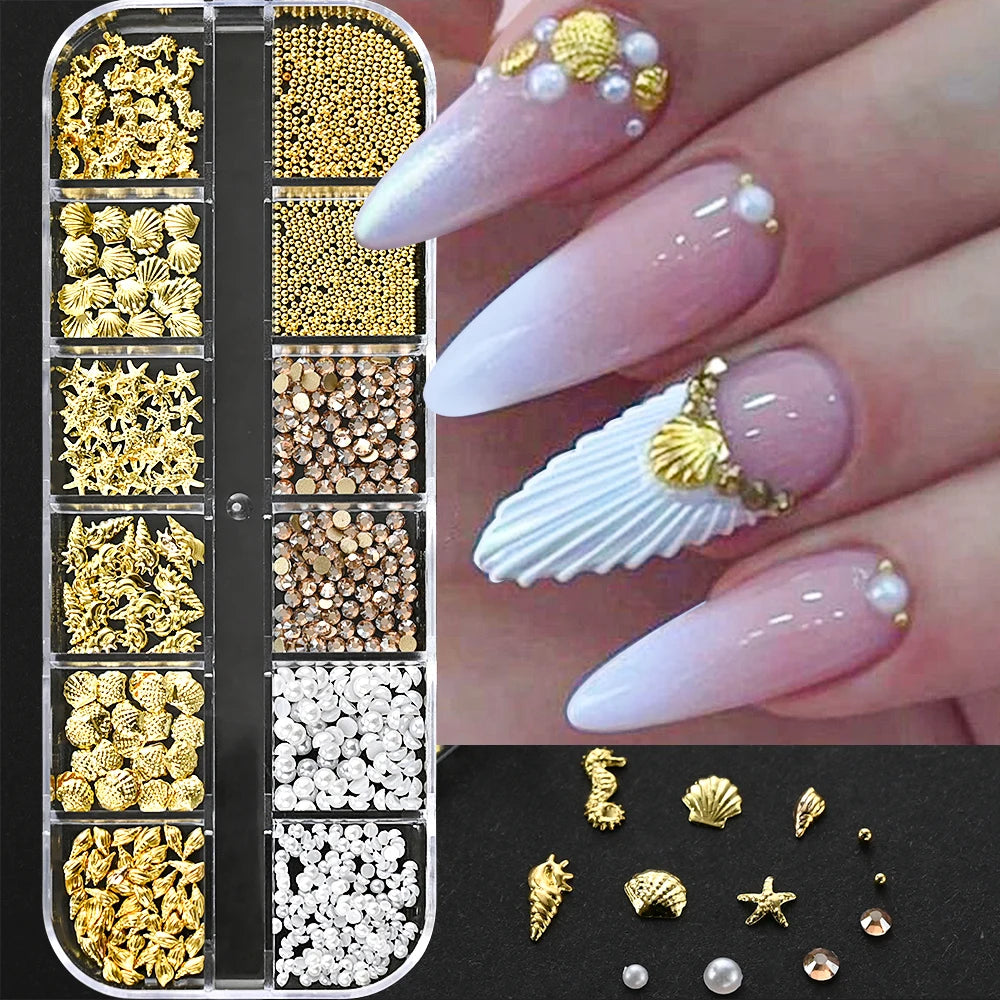 Ocean Gold Nail Art Charms - 3D Shell Seahorse Starfish Pearl Gems Studs