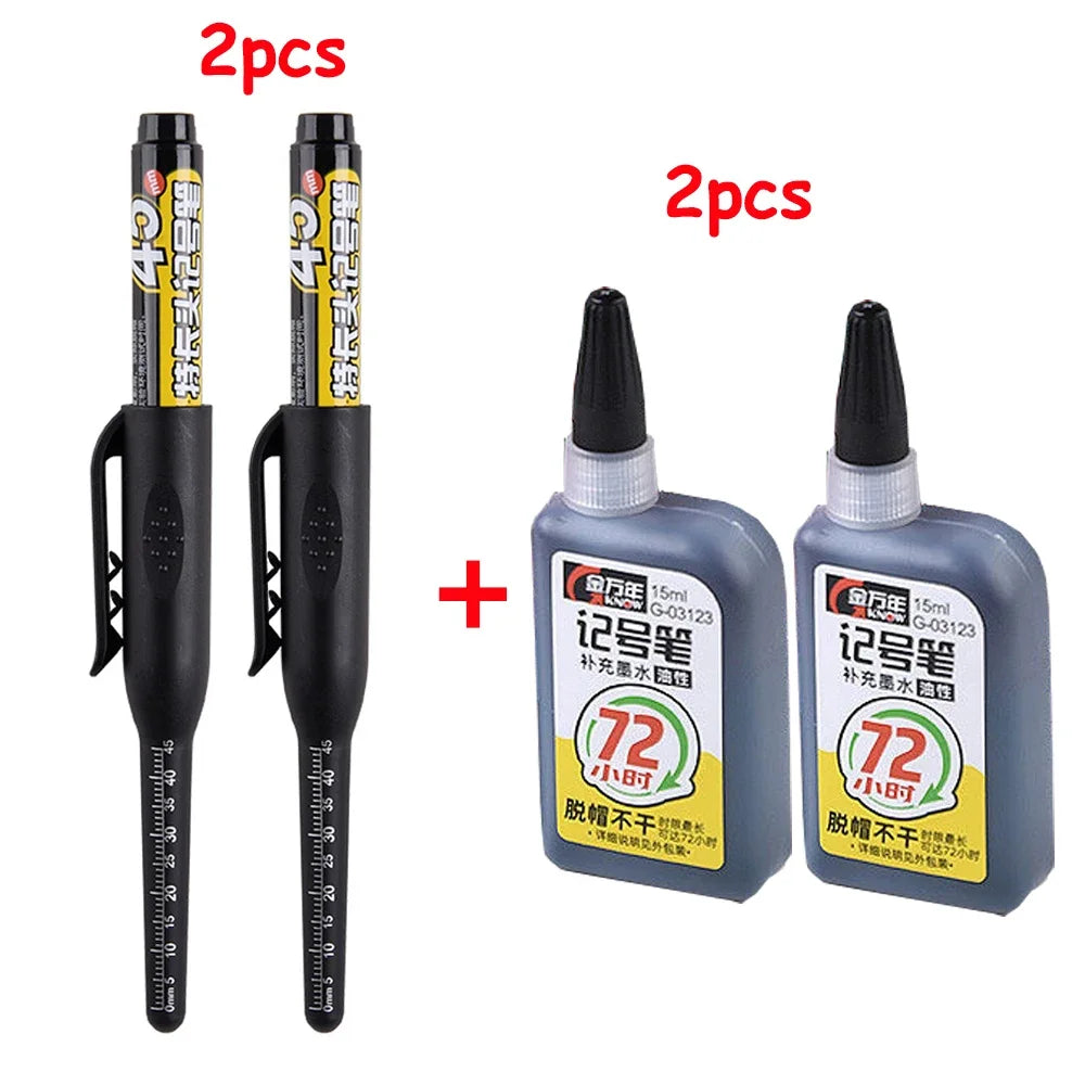 Multi-Purpose 45mm Deep Hole Marker Pens - Waterproof Long Nib Carpenter Pens for Woodworking and Bathroom Use
