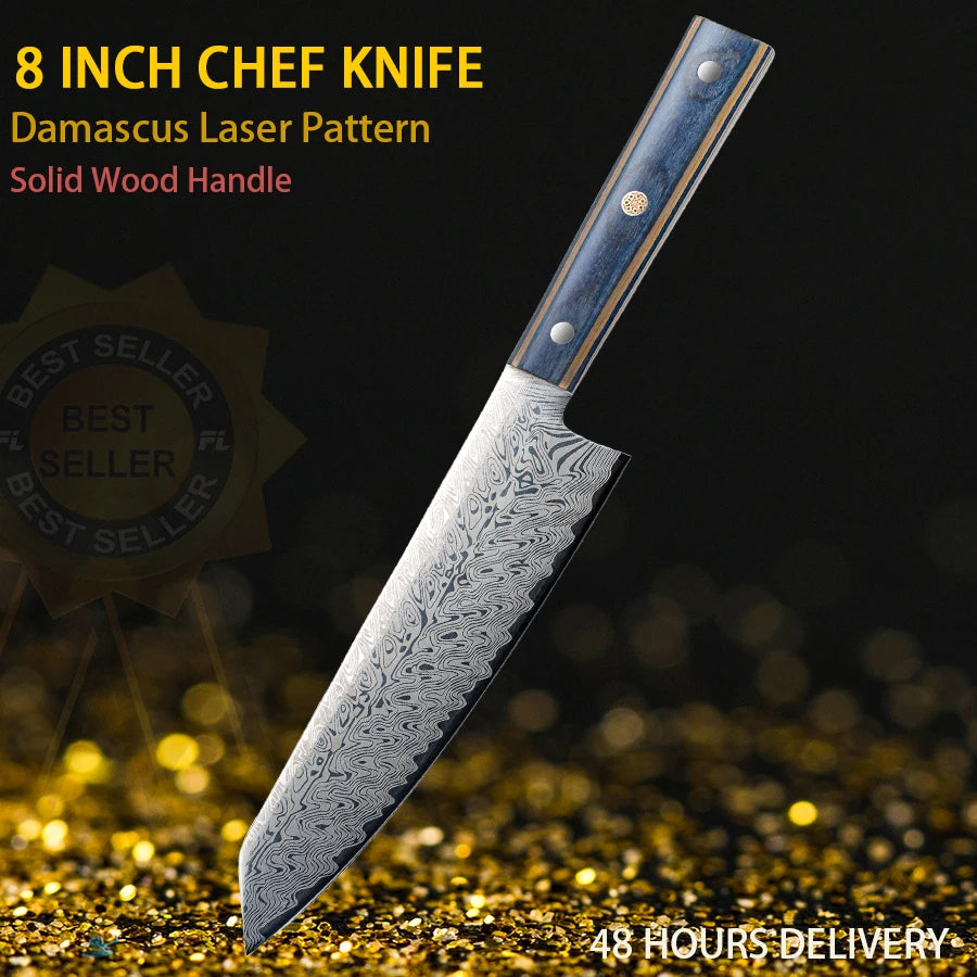 Damascus Chef Knife - Japanese Santoku Slicing Knife with Solid Wood Handle