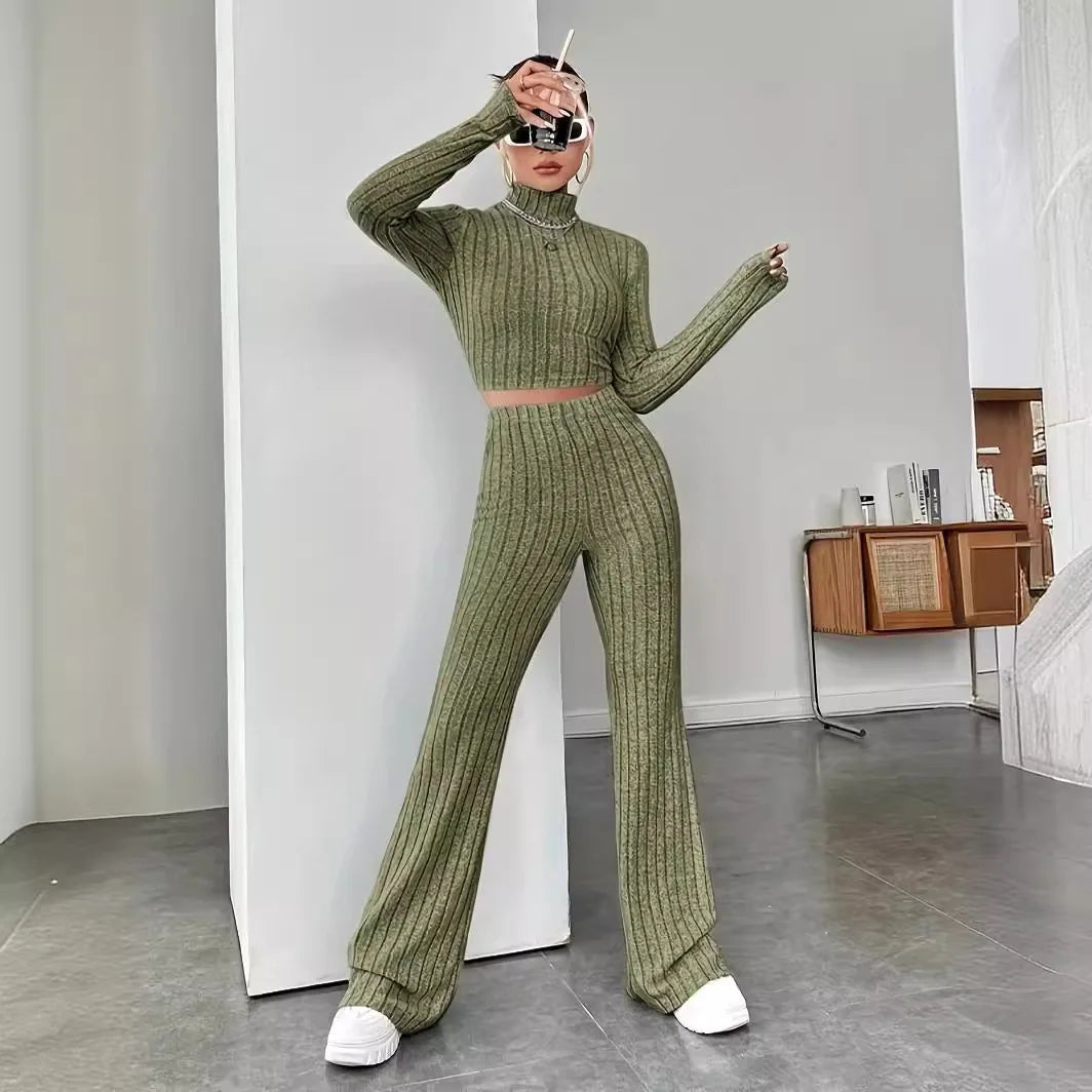 2025 Beige Western Style Knitted Fashion Suit Women New Korean Split Black Sweaters Wide Leg Pants Lady Casual Two-piece Sets