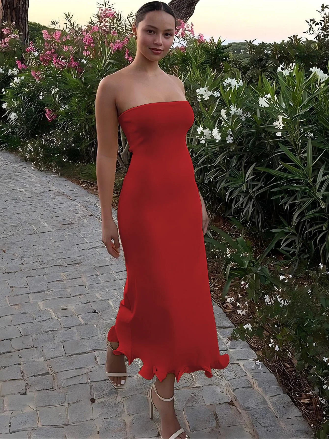 Sleeveless Ruffle Bodycon Midi Dress - Womens Solid Party Clubwear for Autumn Winter