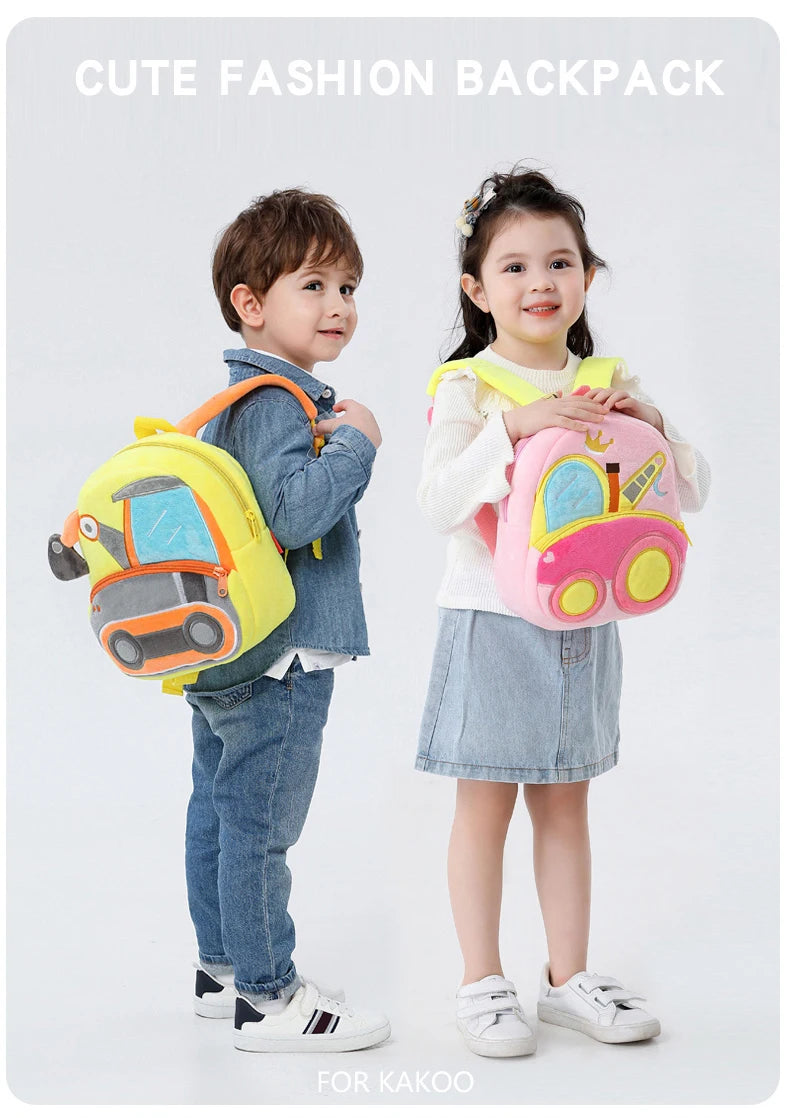 Kids Cartoon Excavator Backpack - Plush Engineering School Bag for Ages 2-4 - ZOOMNSTORE