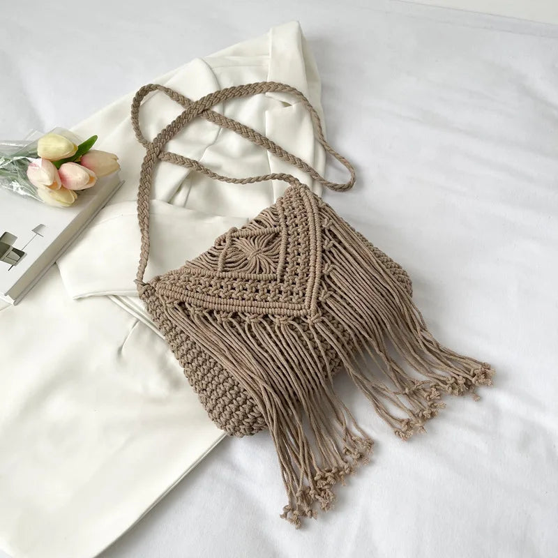 Handmade Cotton Crossbody Bag - Vintage Tassel Shoulder Messenger for Women Summer Beach Handbag 2023