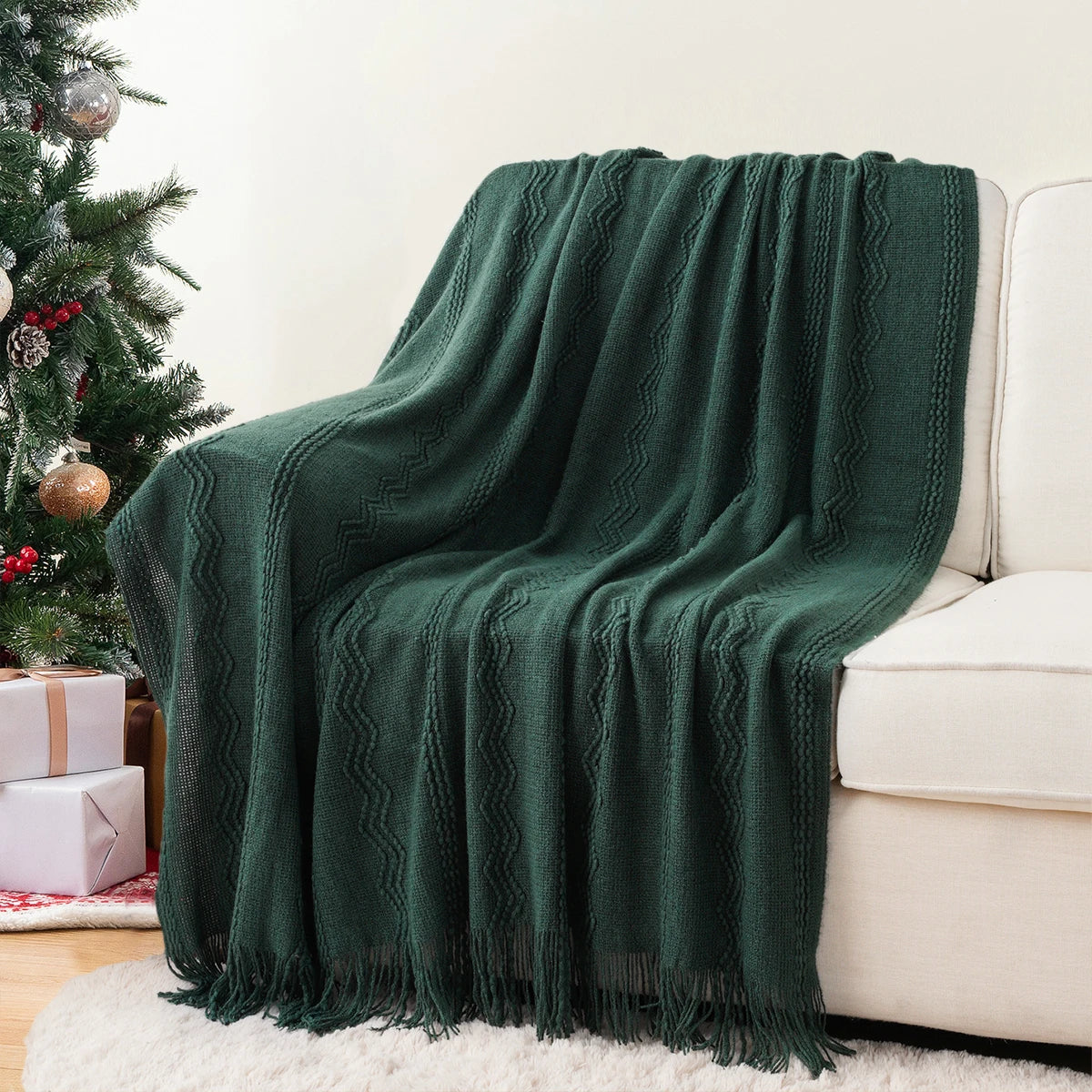 Caramel Knit Throw Blanket - Lightweight Plaid Blanket for Couch and Bed