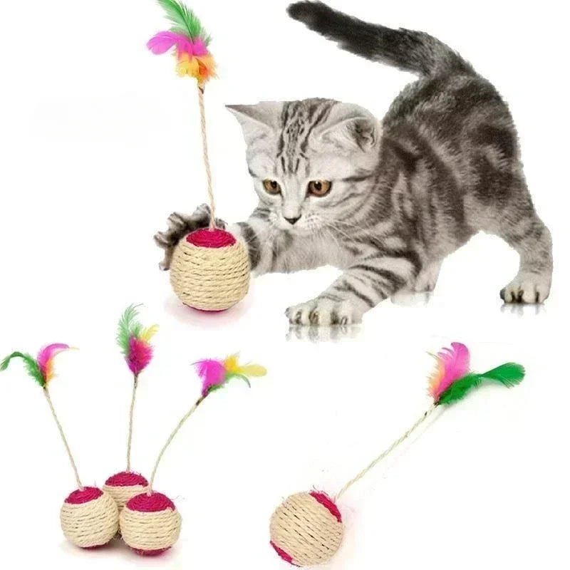 Interactive Sisal Scratching Ball Cat Toy - Training Toy with Feather for Kittens - ZOOMNSTORE