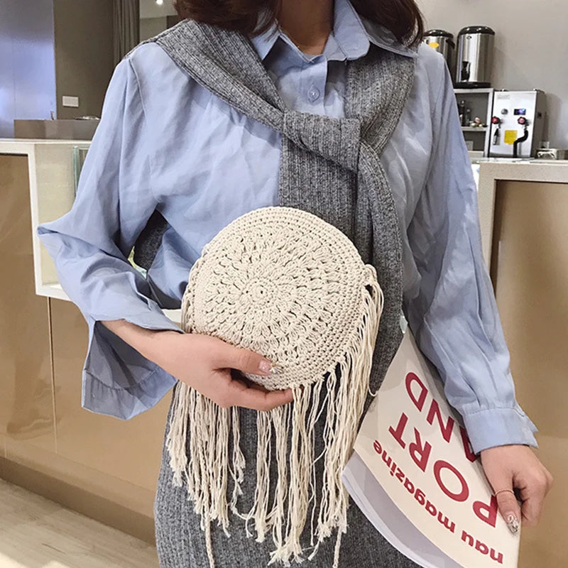 Handmade Cotton Crossbody Bag - Vintage Tassel Shoulder Messenger for Women Summer Beach Handbag 2023