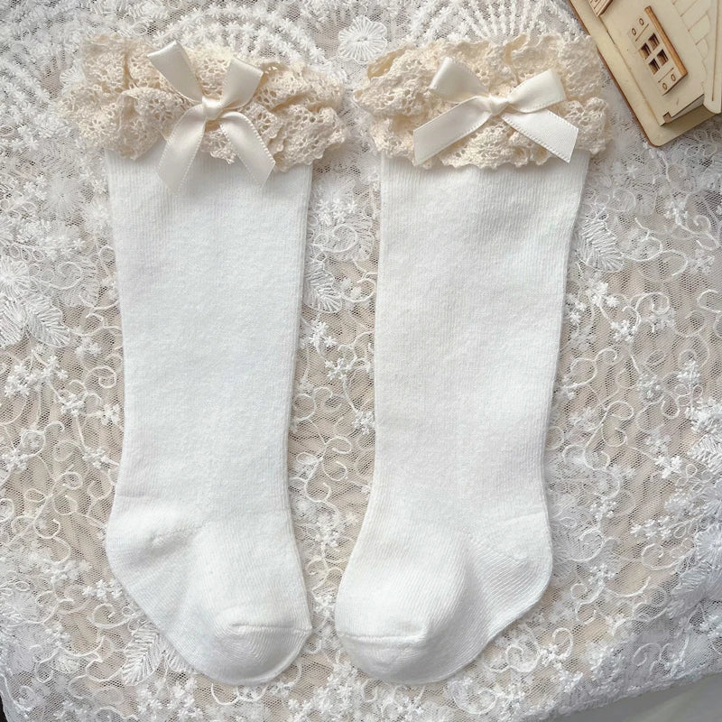 New Winter Autumn Baby Girls Knee High Socks Lace Ruffle Long Sock Cotton Kids Toddlers Princess Christma Socken For 0-5Years