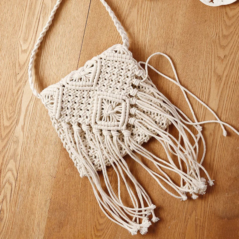 Handmade Cotton Crossbody Bag - Vintage Tassel Shoulder Messenger for Women Summer Beach Handbag 2023