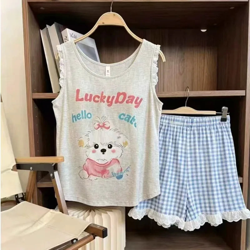 Women's summer sleepwear with chest cushion vest set cartoon cute and high-end home clothes