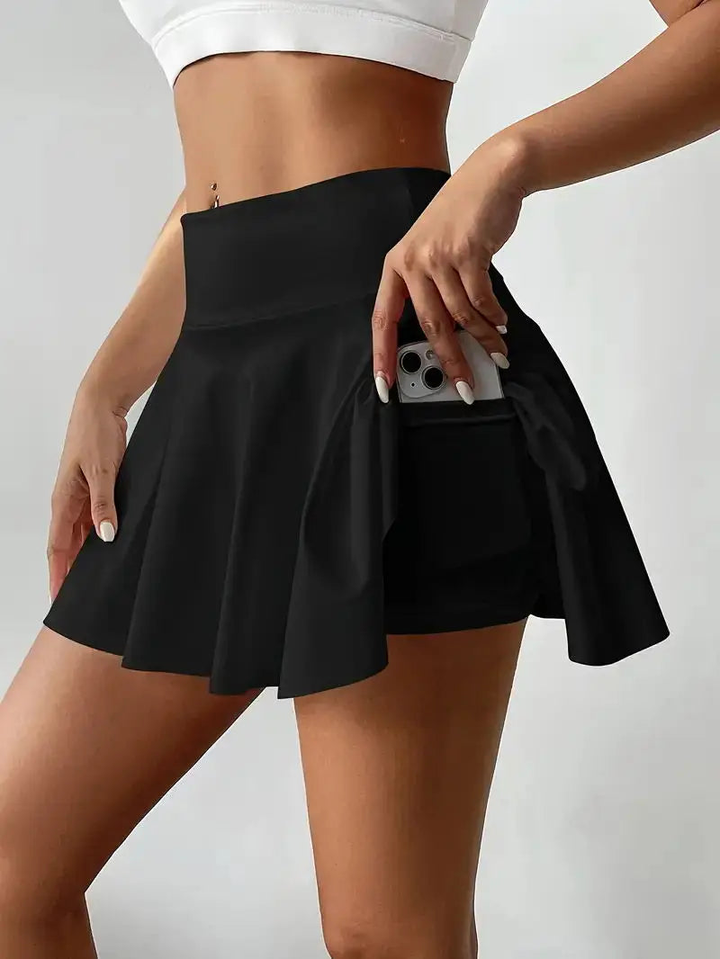 Women's Solid Color High Waist Tennis Pleated Skirts Inner Pocket Quick Dry Sports Shorts Running Fitness Skirts
