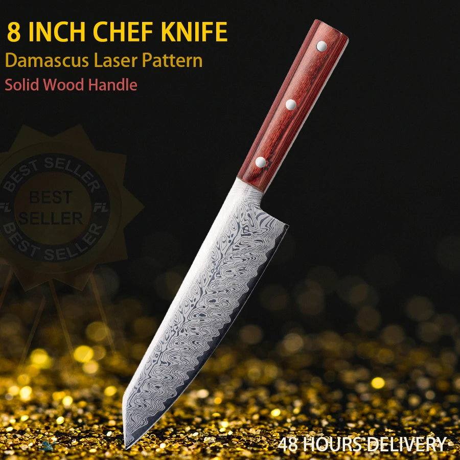 Damascus Chef Knife - Japanese Santoku Slicing Knife with Solid Wood Handle