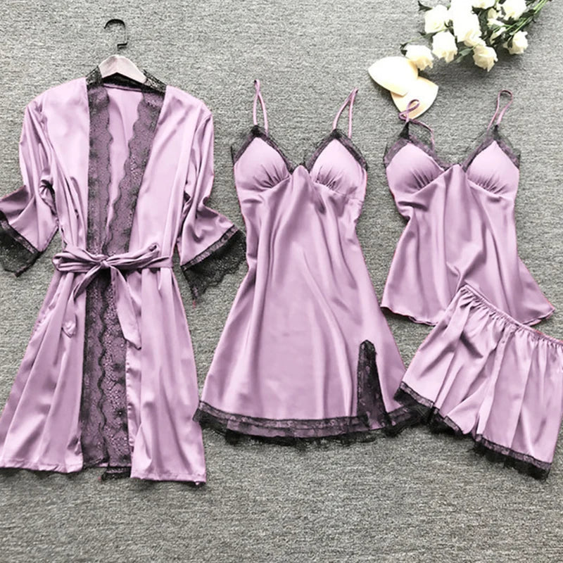Sexy Lace Pajamas Set - V-Neck Nightdress with Chest Pads for Women - ZOOMNSTORE