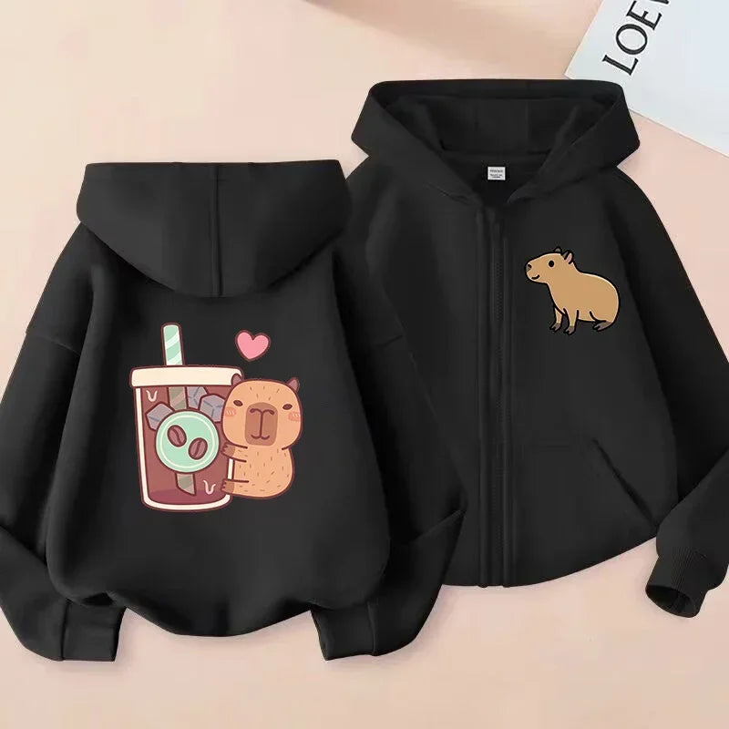 Kawaii Capybara Zip Up Hoodie - Childrens Manga Sweatshirt for Kids - ZOOMNSTORE