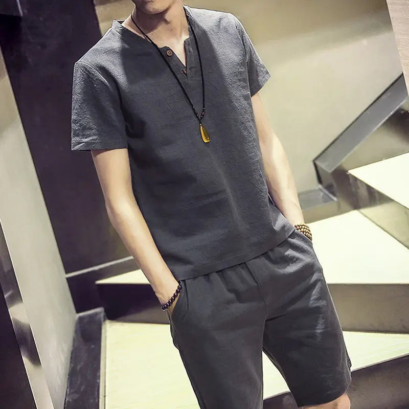 Linen Cotton T-shirt Men's Set Chinese Style Short Sleeve Sportswear +trousers 2 Piece Sets Summer Men Tracksuit Solid Suit