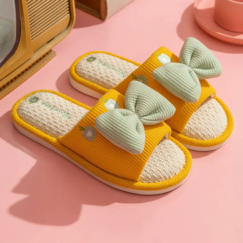 Ladies Summer Casual Linen Slippers Cartoon Multicolor Bow Girls Home Anti-Slip Slippers Simple Cute Slip-On Footwear