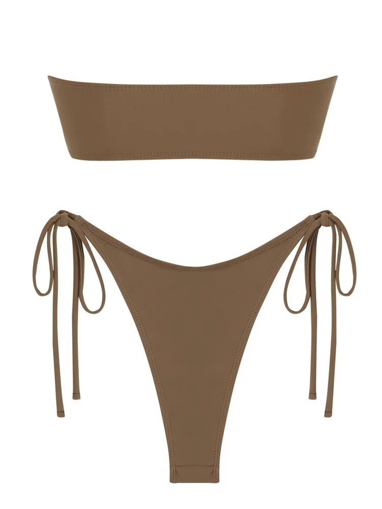 Shiny O Ring Bandeau Bikini - Womens Low Waisted Swimsuit with Padded Bra - ZOOMNSTORE