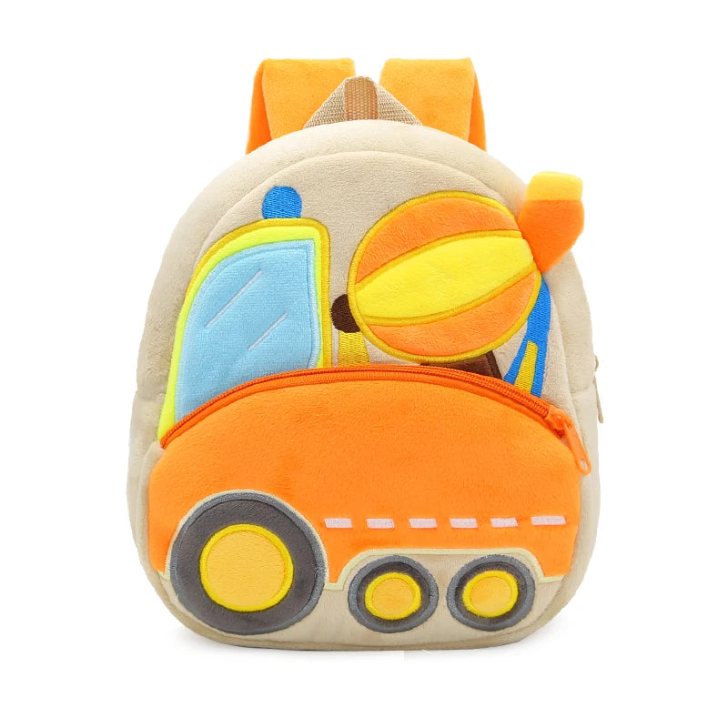 Kids Cartoon Excavator Backpack - Plush Engineering School Bag for Ages 2-4