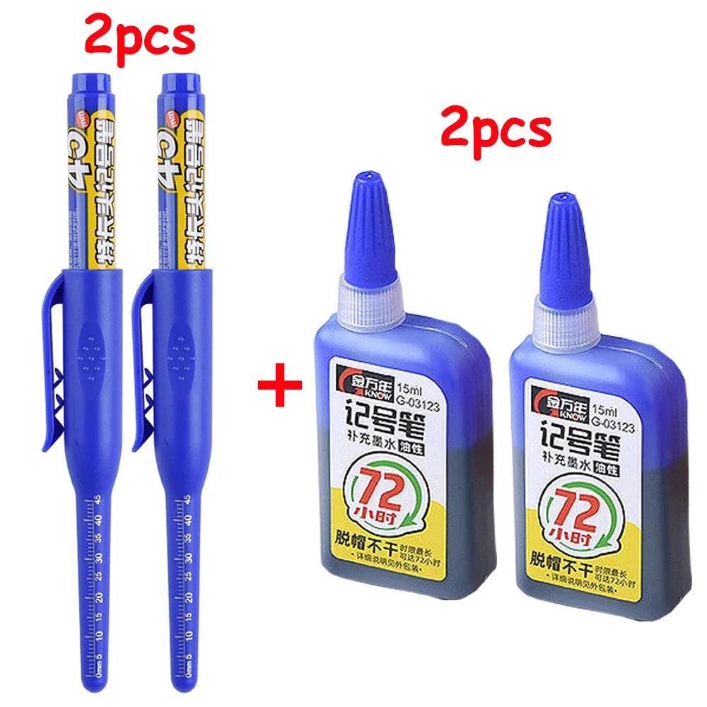 Multi-Purpose 45mm Deep Hole Marker Pens - Waterproof Long Nib Carpenter Pens for Woodworking and Bathroom Use