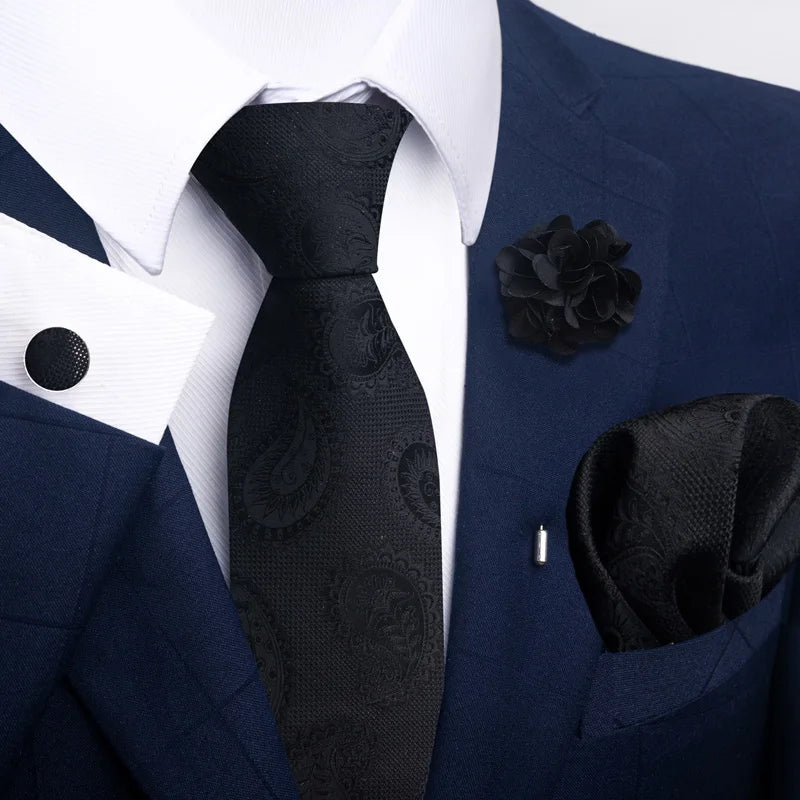 Luxury Mens Floral Black Gold Tie Set - Paisley Necktie Pocket Square Cufflinks Brooch for Weddings and Parties